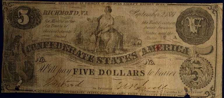 Confederate States Of America $5 Richmond September 2nd 1861. Circulated.