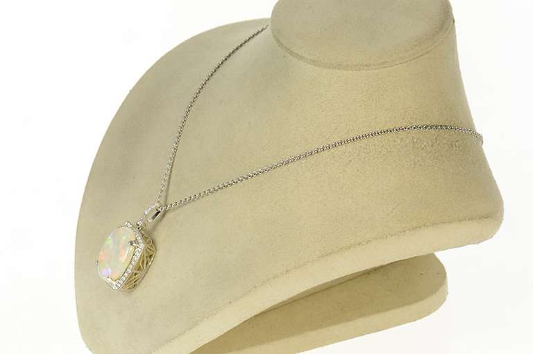 18K White Gold Massive Natural Opal 0.83 Ctw Diamond Pendant