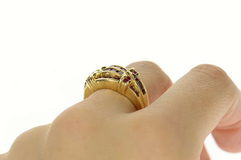 14K Yellow Gold Ornate Ruby Encrusted Row Statement Ring