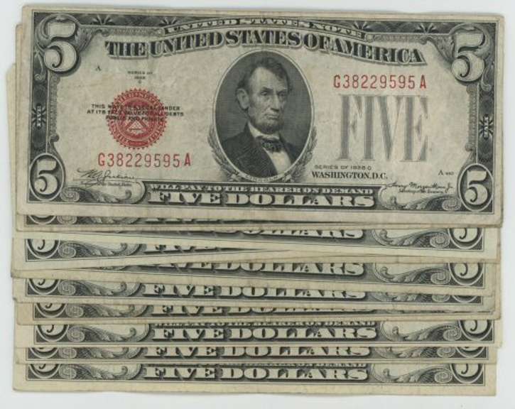 2 1928 & 9 1953/63 $5 Red Seal Notes in circ