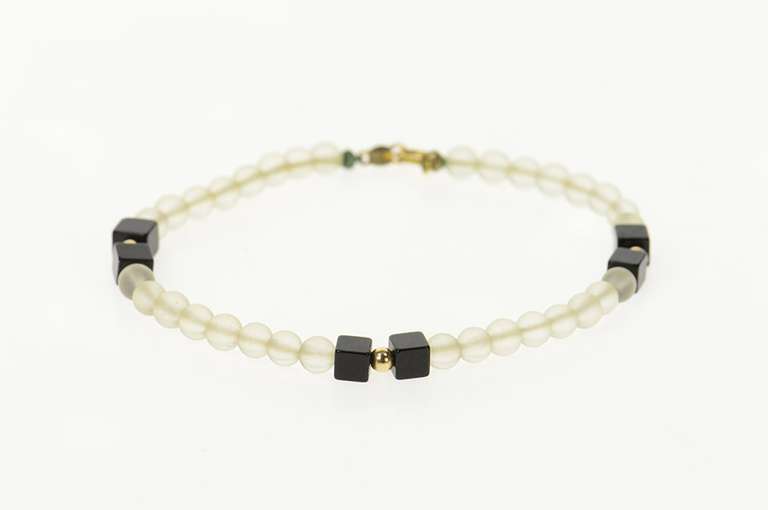 14K Yellow Gold Black Onyx Camphor Glass Beaded Bracelet