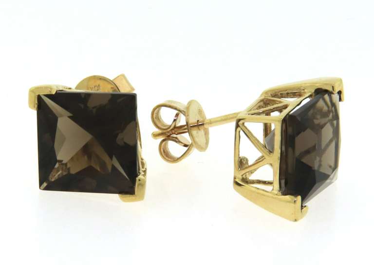 Trendy Yellow Gold Sqaure Smokey Quartz Earrings