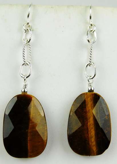 Long Sterling Silver Tiger Eye Earrings