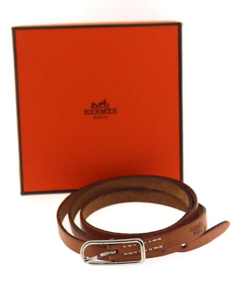 Hermes Brown Leather Silver Hapi Triple Tour Wrap Bracelet