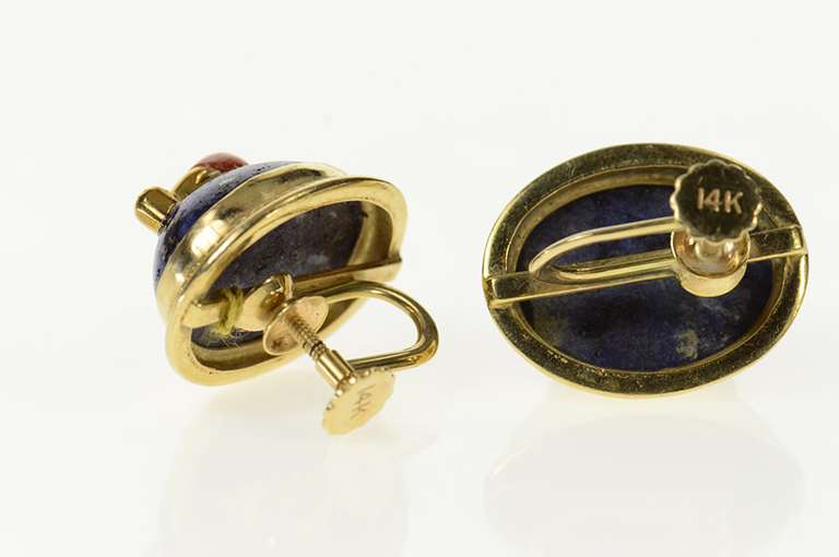 14K Yellow Gold Lapis Lazuli Coral Beetle Bug Screw Back Earrings