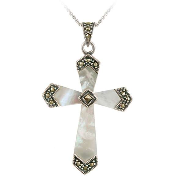Sterling Silver Mother of Pearl & Marcasite Cross Pendant