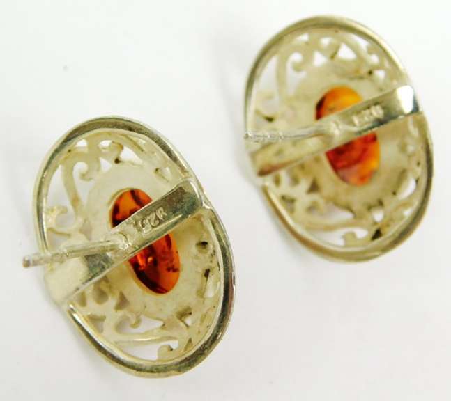 Sterling Filigree & Amber Cabochon Earrings