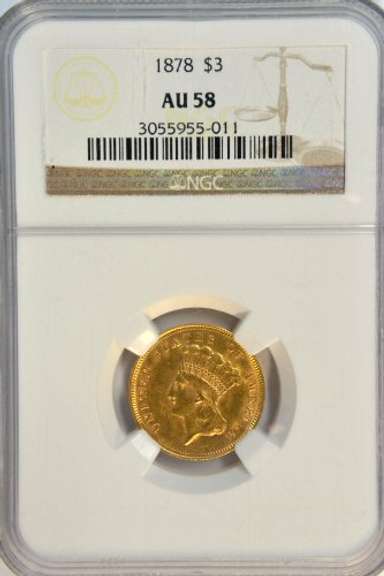 Super Near BU 1878 US $3 Gold Piece. NGC AU58