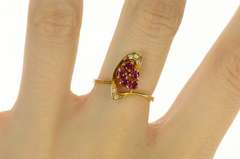 14K Yellow Gold 1940's Wavy Ruby Cluster Diamond Wave Ring