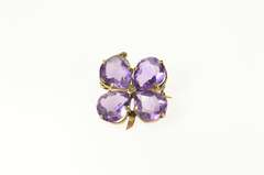 18K Yellow Gold Pear Amethyst Four Leaf Clover Shamrock Pin/Brooch