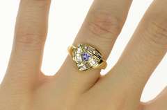 14K Yellow Gold Trillion Tanzanite Diamond Halo Statement Ring