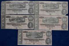 Lot Of 5 Confederate Circulated $10 Bills.