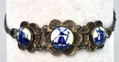 Vintage Dutch Ceramic Windmills Bracelet in Sterling Silver