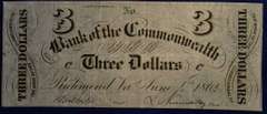 Bank Of The Commonwealth $3. Richmond,VA. Circulated.
