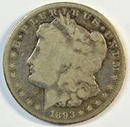 Rare 1893-CC Morgan Silver Dollar. Key date Carson City
