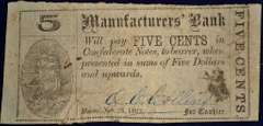 1863 Manufactures' Bank Macon,GA Five Cents.