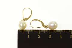 14K Yellow Gold Classic Pearl Dangle Lever Back Earrings