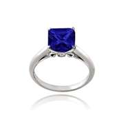 Sterling Silver 2.75ct Created Blue Sapphire Square Solitaire Ring