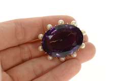 18K Yellow Gold Amethyst Pearl Halo Victorian Statement Pin/Brooch