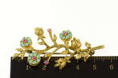 14K Yellow Gold Ornate Turquoise Ruby Flower Statement Pin/Brooch