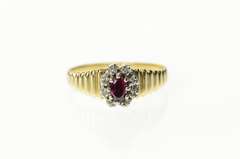 14K Yellow Gold Oval Ruby Diamond Accent Halo Grooved Ring