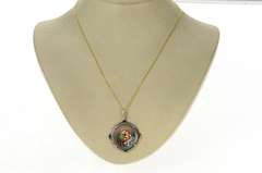 14K Yellow Gold Art Deco Painted Ceramic Virgin Mary Jesus Pendant