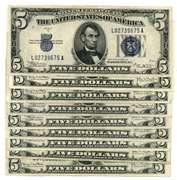 Ten very nice 1934 Series $5 Blue Seal Silver Certificates