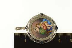 14K Yellow Gold Art Deco Painted Ceramic Virgin Mary Jesus Pendant