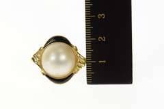 14K Yellow Gold Pearl Black Onyx Retro Ornate Cocktail Ring