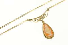 12K Yellow Gold Ornate Pear Carved Lady Cameo Statement Necklace