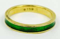18K Yellow Gold Green Enameled Ring, Size 7