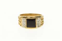 10K Yellow Gold Squared Black Onyx Diamond Textured Ring