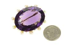 18K Yellow Gold Amethyst Pearl Halo Victorian Statement Pin/Brooch