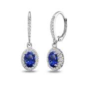 Oval Halo Created Blue Sapphire & White Topaz Dangle Earrings in 925 Silver