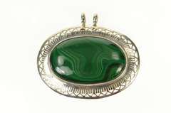 Sterling Silver Oval Malachite Cabochon Ornate Statement Pendant