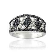 1/2ct Black & White Diamond Criss Cross Silver Tone Band Ring