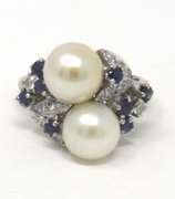 Handsome 18kt Double Pearl Ring w Sapphire and Diamonds
