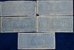 Lot Of 5 Confederate Circulated $10 Bills.