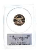 PR70 DCAM 1991-P $10 American Gold Eagle 1/4 Oz Fine Gold Graded PCGS