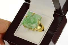 18K Yellow Gold Ornate Carved Jade Lemur Squared Statement Ring