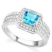 CREATED BLUE TOPAZ & 1/4 CARAT CREATED WHITE SAPPHIRE 925 STERLING SILVER RING