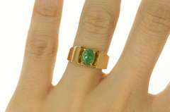 14K Yellow Gold Oval Carved Jade Floral Cabochon Statement Ring