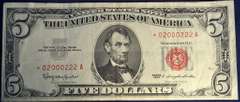 Series 1963 $5 Red Seal Star Note Fancy Serial Number (02000222)