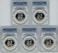 5 Superb Gem Proof 1958 Franklin Half Dollars. PCGS PR66