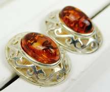 Sterling Filigree & Amber Cabochon Earrings