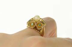 14K Yellow Gold Pearl Turquoise Floral Cocktail Statement Ring