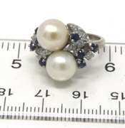 Handsome 18kt Double Pearl Ring w Sapphire and Diamonds