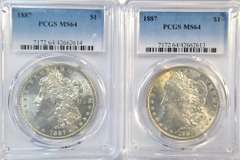 2 Investment Quality 1887 Morgan Silver Dollars. PCGS MS64