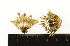 14K Yellow Gold 1960's Ruby Fanned Leaf Cluster Clip Back Earrings