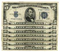 7 Blue Seal $5 Silver Certificates: 1 from 1934 & 6 from 1953